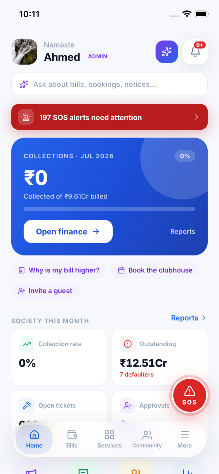 Societly mobile app home screen — one-tap emergency SOS alerts, collection status and quick actions