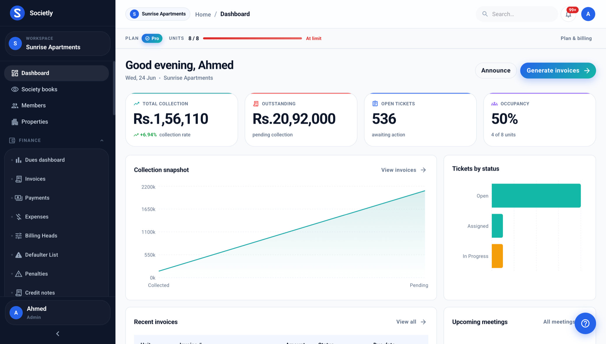 Societly committee web dashboard — collection, outstanding dues, open tickets and occupancy